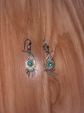 Silver plated 925 from Mexico  Teardrop Dangle Earrings with Blue Center Stone
